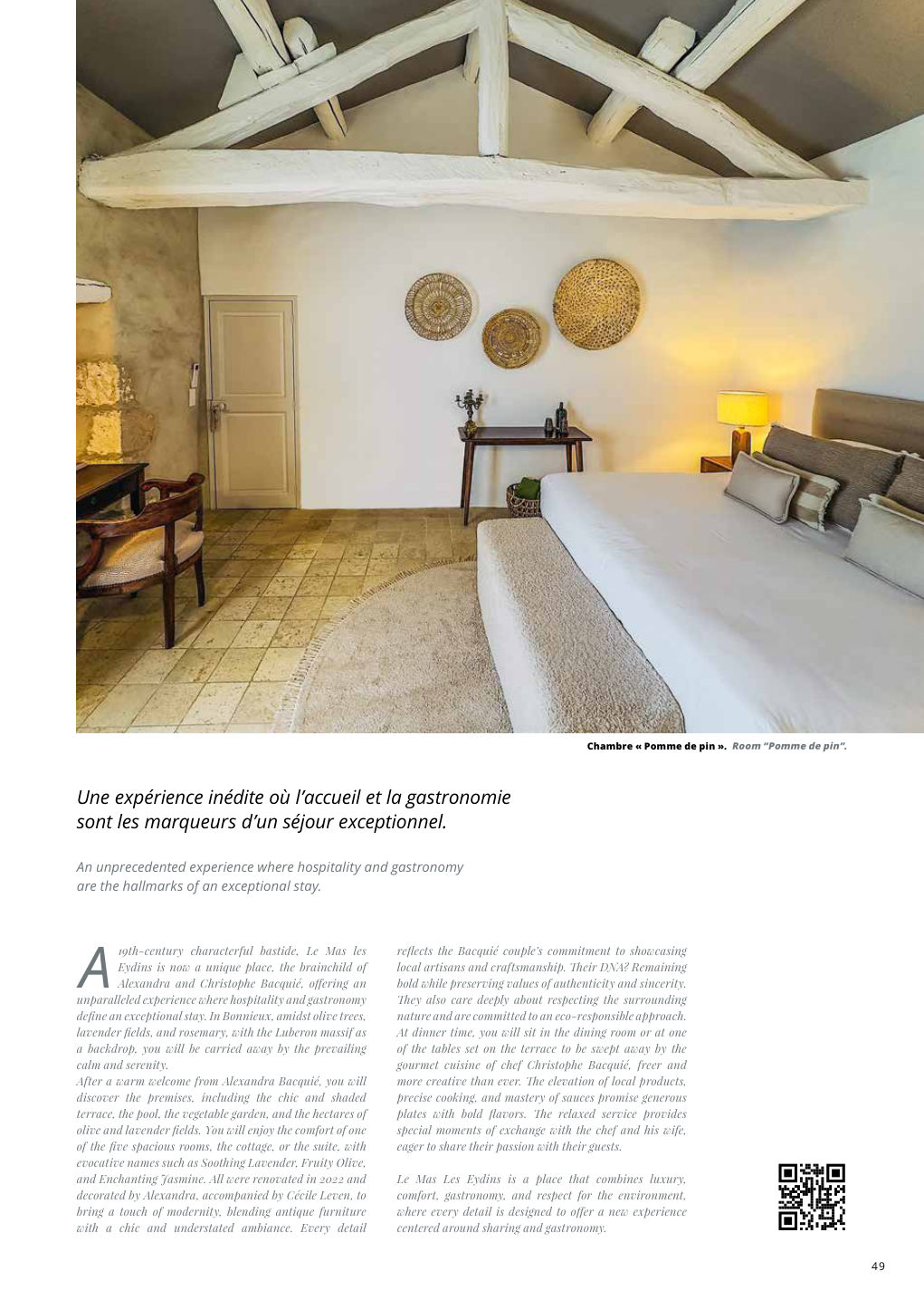 Chambre « Pomme de pin ». Room “Pomme de pin”. Une expérience inédite où l’accueil et la gastronomie sont les marqueurs d’un séjour exceptionnel. — Eden Summer 2024, page 49